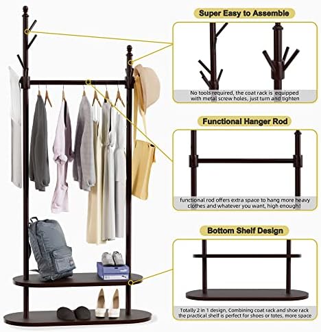 Закачалка за дрехи свободно стояща с рафт, дърво за дрехи с 8, куки, закачалка за дрехи / чанти / шапки, лесно
