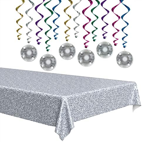 Украса за дискотеки - Висящите Декорации с Въртящи диско-топки и Покриване на таблица със сребърни пайети