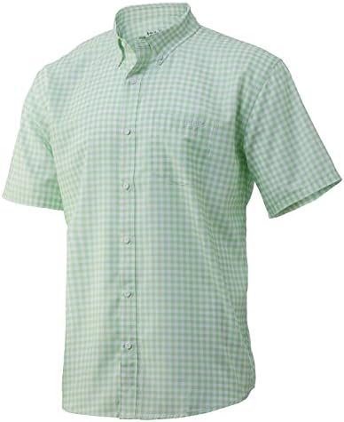 Мъжки Тизерная Риза HUK с къс ръкав за Риболов на копчета + UPF, Клетчатая плат цвят Лайм, Малка