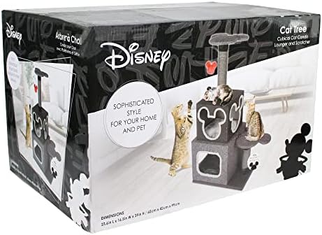 Къщичка за котки Penn-Plax Mickey Mouse Disney под формата на куб с кули за почивка, Когтеточками от сезал и играчка–шлепалкой - Доведете Магията на Дисни в къщата – Сив