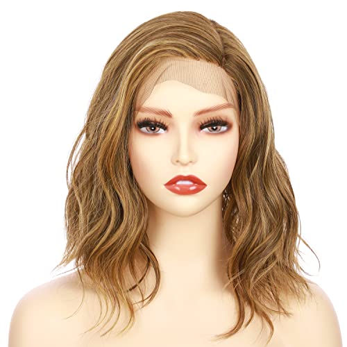 Дамски Перуки-боб с Къси Вълнообразен коса на Дантели с дължина до раменете Onedor (Светло кафяво, равномерно се смесва с тъмно-естествена блондинка-RL12/16)