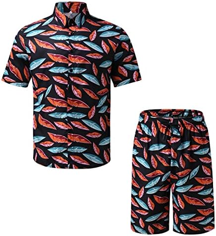 Мъжки Ризи с цветен Модел и Хавайски Шорти, Комплект от 2 теми, Жилетка с Къс ръкав и Копчета, Блуза, Блузи, Плажен Кратък