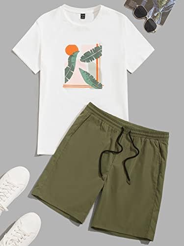 FIOXA Комплект дрехи от две части за мъже, тениски с тропически принтом и къси панталони с завязками на кръста,