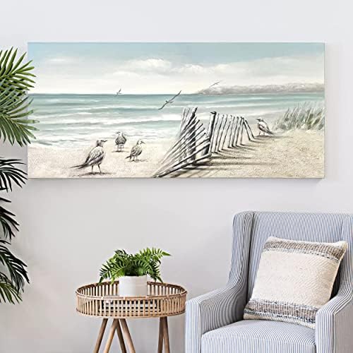 LIHUAZJART Голям Плаж, Ръчно Рисувани с маслени Бои, Декоративни Стенно Изкуство, 24x48 Инча, Пейзаж с Морска Птица, Художествено