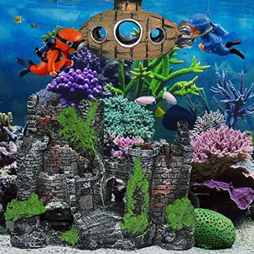 Няма маркови бижута за аквариум, Бижута от смола на Древен замък, Купете си 1 ще получи 3 подаръка (Фигурка на подводница + 2 водолаз), Аксесоари, екологично чиста риба