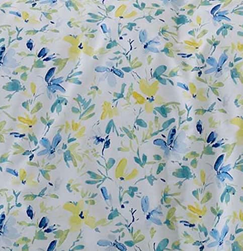 Комплект от памук спално бельо на Laura Ashley, Обратим, включва в себе си завивки в тон с допълнителни възглавници Euro Shams & Хвърли, Queen, Nora Blue /Yellow/Green /White