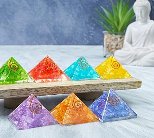 Crocon Седем Цвята Пирамиди от Оргона и Оникс, Бяло Белило Камък, с Медна Спирала, Комплект от 7 Лечебни оргонитовых