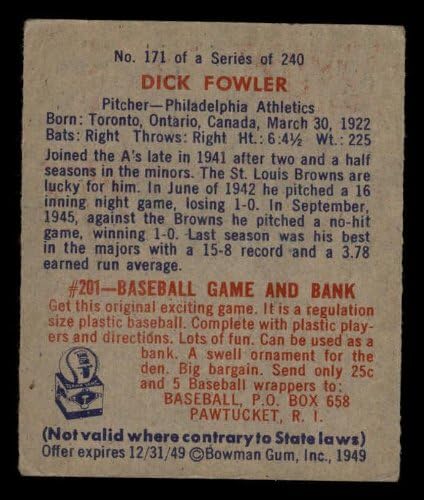 1949 Боуман 171 Дик Фаулър Филаделфия Атлетикс (Бейзболна картичка) VG Athletics