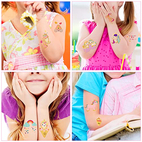 Qpout 8 Листа Татуировки Еднорог за деца, Временни Татуировки със Златен Блясък, Еднорог, Подаръци за партита,