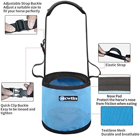 Чанта за храна за коне MOWTIN, здрава текстилна мрежа чанта за храна Обряд с Регулируема каишка и удобна подплата на врата, подсилени шевове отдолу, быстрозажимной ток