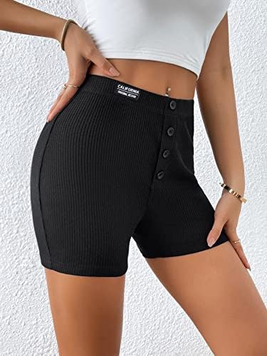 Дамски къси панталони BFXLMKI, плетени шорти в рубчик копчета с надпис Patched Отпред (Цвят: черен, Размер: малък)