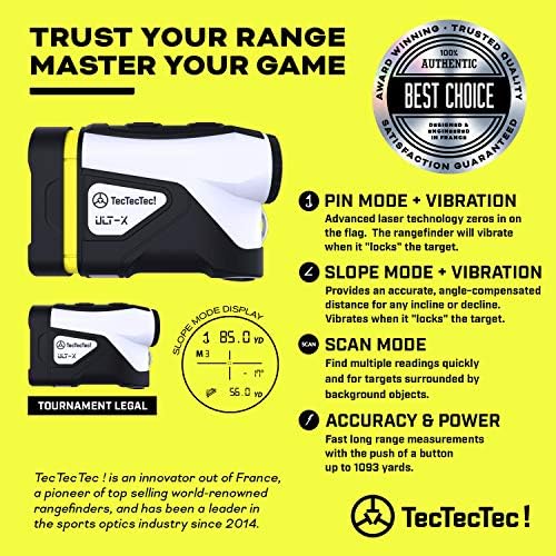 Точност ръководят Далекомер TecTecTec ULT-X за голф, Лазерен Далекомер, Бинокъл с 6-кратно увеличение, режим на наклон,