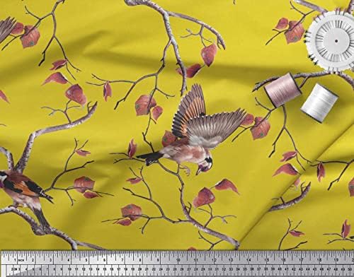 Жълт памучен батистовая плат Soimoi от сухи листа и тъкани, с принтом птицата щиглец ширина 1 ярд 58 инча